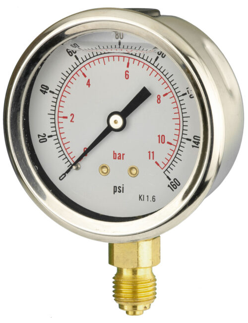 63mm - Glycerine Filled Pressure Gauge - Bottom Connection - Accuracy ±1.6%
